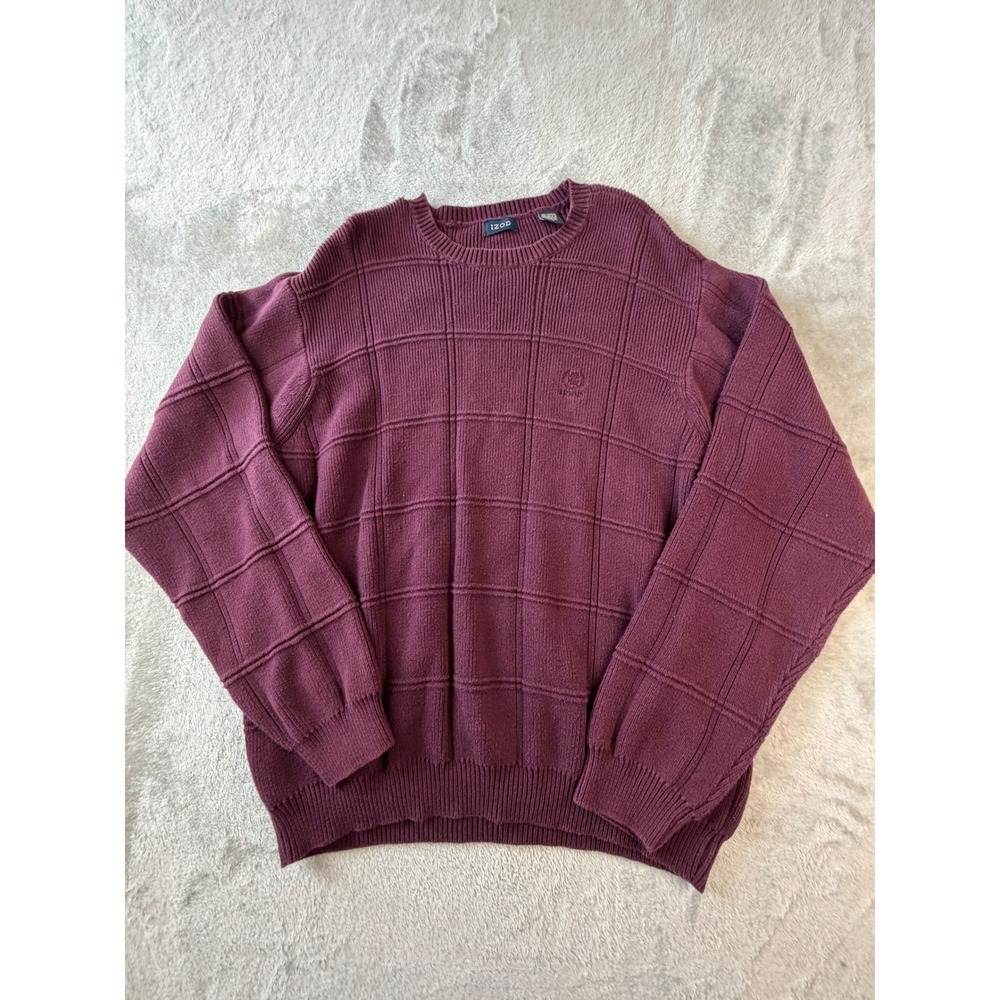 IZOD Sweater Mens Large Burgundy Cotton Grid Textured Crewneck Pullover